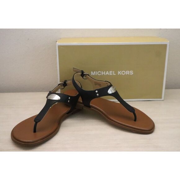 Michael Kors Shoes - Michael Kors Women's Sz 8.5M Black Saffiano Leather MK Plate Thong Sandals